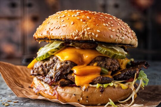 a flavourful smashed steak burger in flames