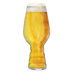 Hand-drawn shaped glass with beer and foam, beer festival, watercolor illustration. Watercolor international beer day. Composition for poster, card, banner, flyer, cover, playbill and other print