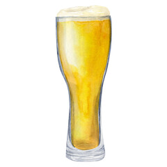 Hand-drawn shaped glass with beer and foam, beer festival, watercolor illustration. Watercolor international beer day. Composition for poster, card, banner, flyer, cover, playbill and other print