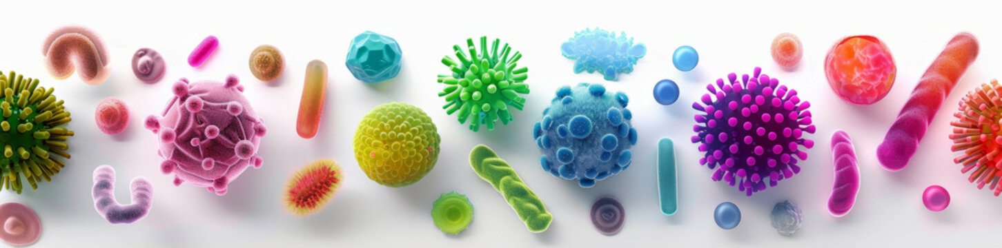  collection  of different microorganisms on white backgrounds