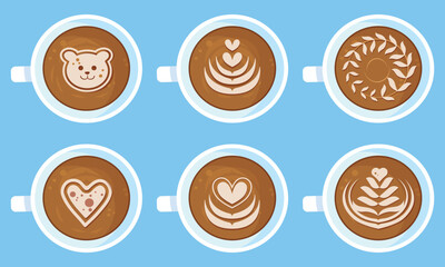 Set of coffee cups top view in a cartoon style.Vector illustration of a beautiful cup with delicious coffee and patterns, foam:heart, leaves, bear isolated on a blue background. Types of hot drinks.