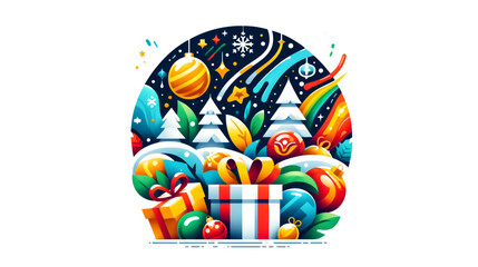 This eye-catching illustration highlights a festive holiday scene with wrapped gifts, colorful ornaments, and wintry elements, perfect for seasonal graphics and joyful designs
