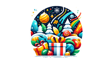 Fototapeta premium This eye-catching illustration highlights a festive holiday scene with wrapped gifts, colorful ornaments, and wintry elements, perfect for seasonal graphics and joyful designs