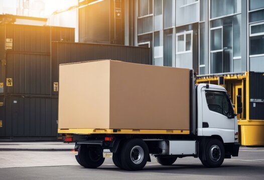 'cardboard big package ready box truck grey yellow delivered background deliver large pack cabin delivery stribution buying carrying gift transportation'