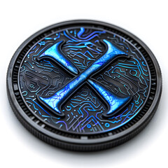 a black coin with a blue cross on it - obrazy, fototapety, plakaty
