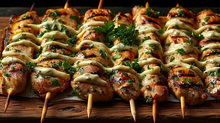   A platter of chicken skewers drenched in sauce, adorned with Parmesan and parsley