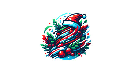 Vibrant and abstract illustration featuring a santa hat entwined with festive elements, perfect for holiday-themed graphics, cards, and promotional materials. Dynamic and playful seasonal artwork