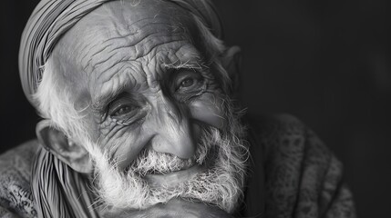 Classic monochrome portrait of an old man smiling.