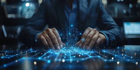 Businessman at his desk viewing a holographic display of energy networks, close-up, focus on hands, futuristic vibe