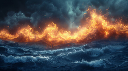 Naklejka premium Illustration of Fire Flame on a Sea Waves
