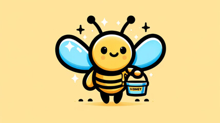 Fototapeta premium Bright and joyful cartoon illustration of a smiling bee with large blue wings, carrying a pot of honey, set against a warm yellow background with sparkling stars