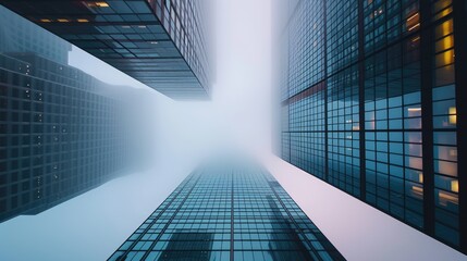 Gazing into the fog, a line of towering skyscrapers emerges. The glass-clad buildings create a parallel and symmetrical ensemble in the bustling metropolitan area. AIG41