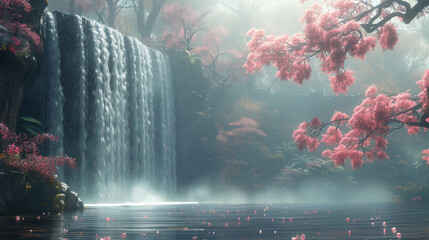 Beautiful Waterfall in the Forest with Blooming Trees
