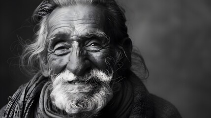 Classic monochrome portrait of an old man smiling.