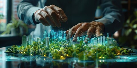 Businessman using holographic display to plan sustainable city, office environment, digital close-up photography