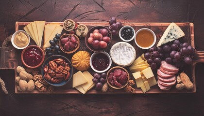 charcuterie board of a variety of cheeses meats and appetizers above view table scene on a dark...