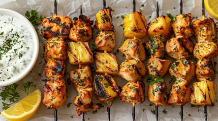   Grilled chicken and pineapple skewers served with yogurt and lemon wedges