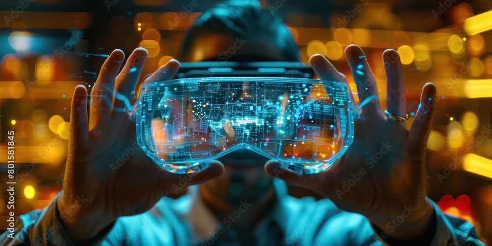 Poster close-up of a businessman's hands using a tablet to navigate real-time data charts, sharp digital im