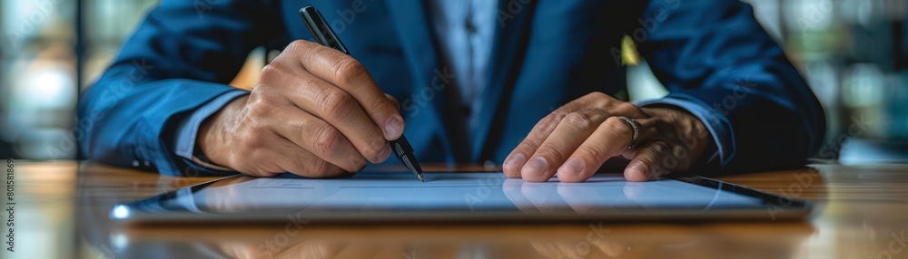 Poster close-up of a businessman's hands using a tablet to navigate real-time data charts, sharp digital im