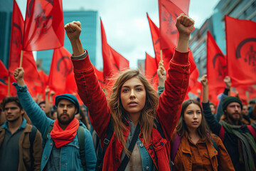 Union Strength: A powerful depiction of workers standing in solidarity, fists raised in unity, amidst banners and flags adorned with labor union symbols, celebrating the collective