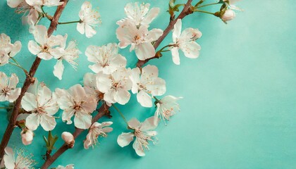 pretty spring cherry blossom branches on turquoise blue background with copy space for your design springtime holidays and nature concept