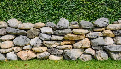 fence real stone wall surface with cement on green grass field