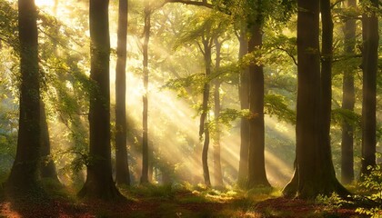 forest of beech and oak trees illuminated by sunbeams through morning mist