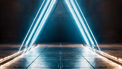 sci fy neon glowing lamps in a dark hall reflections on the floor empty background in the center 3d...