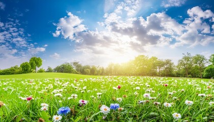 green spring meadow with nature field grass in summer under sunny sky sun shining on flowers garden landscape fresh day floral daisy and blue outdoor herb light bright chamomile park rural cloud