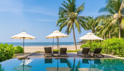 luxurious swimming pool and loungers umbrellas near beach and sea with palm trees and blue sky generative ai