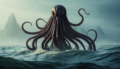 mysterious monster cthulhu in the sea huge tentacles sticking out of the water landscape 3d illustration