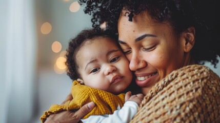 A woman holding a baby in her arms, both looking towards the camera with a gentle expression.