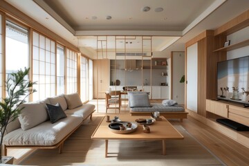 A modern living room with a wooden floor and a large window. The room is filled with furniture, including a couch, a coffee table, and a dining table. There are also several potted plants, a vase