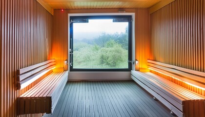 infrared sauna with wooden floor and window