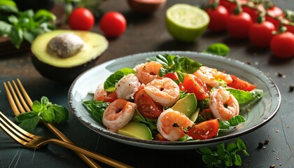 salad of prawns salad of shrimps avocado slice red tomatoes