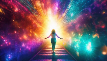 person experiencing magical energy and entering another dimension colorful bursts of light surrounding a human being in a non physical reality path leading to enlightement or experiencing god