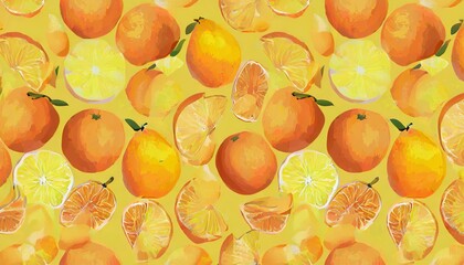 range fruit pattern print for summer used on cards banners and fabrics in shades of yellow and orange
