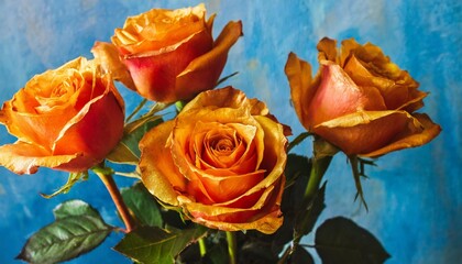 oil painting of the orange golden roses on blue background