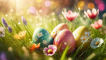 happy easter colorful easter eggs decorated with flowers in the grass in the rays of sunlight illustration beautiful bokeh