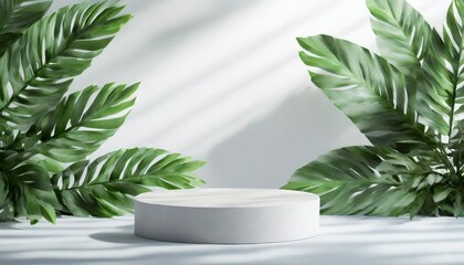 cosmetic display product podium with nature leaves on white background 3d rendering