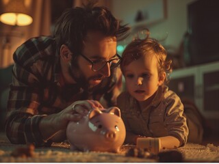  father and child learns to save money with piggy bank at home