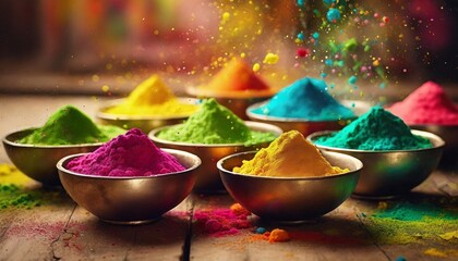 vibrant holi celebration colors splashed and piled in bowls