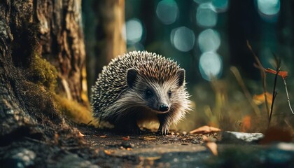 a small cute hedgehog walking through the woodland looking for food