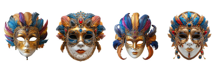Set of A a golden Venetian carnival mask on a transparent background