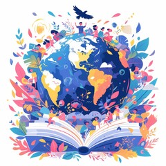 Earth surrounded by open books and children, with people standing on top holding an eagle in their hands symbolizing freedom. 