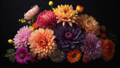 beautiful buch of colorful flowers with black background illustration created with generatife ai technology