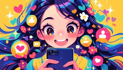 A girl holding her phone with colorful social media icons floating around