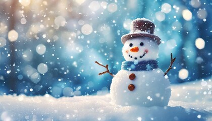 snowman on snow with copy space and bokeh blue background christmas snow background