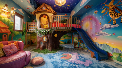 A whimsical playroom with a treehouse loft, a slide, and colorful murals covering the walls.