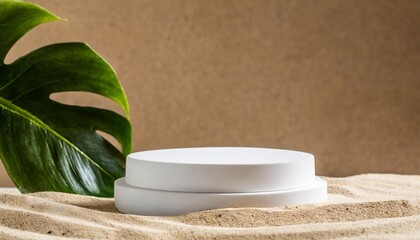 white podium on sand background for product presentation natural beauty pedestal 3d illustration